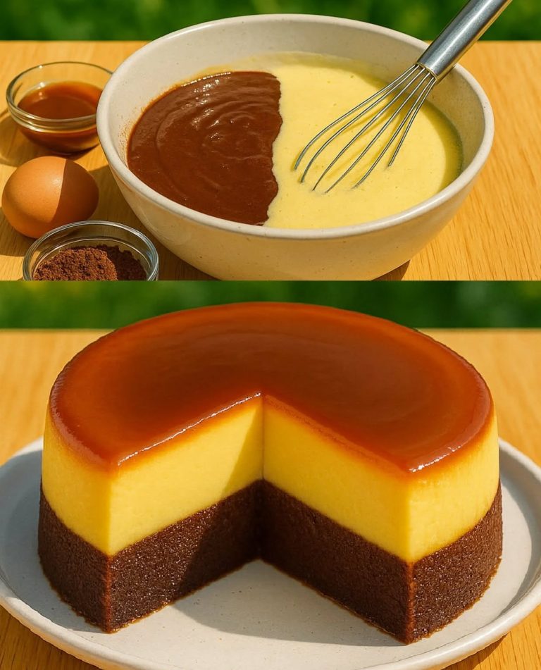 Chocoflan Magiczny deser składający się z dwóch warstw: wilgotnego ciasta czekoladowego + kremowego flanu, całość pokryta karmelem
