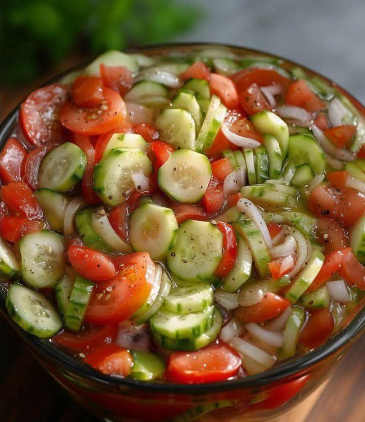 Przepis na sałatkę z ogórków, pomidorów i cebuli