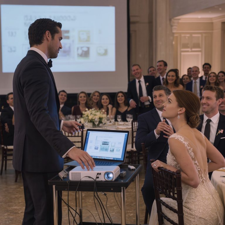 Zaraz na moim własnym ślubie mój tata podniósł mikrofon i powiedział: „Wznieście toast za córkę, która w końcu znalazła kogoś wystarczająco zdesperowanego, by się z nią ożenić” – cała sala wybuchnęła śmiechem, tylko mój mąż wstał, podłączył USB do projektora i powiedział: „Teraz wznieście toast za TO, CO ZROBIŁAŚ”… cztery minuty później nikt już się nie śmiał