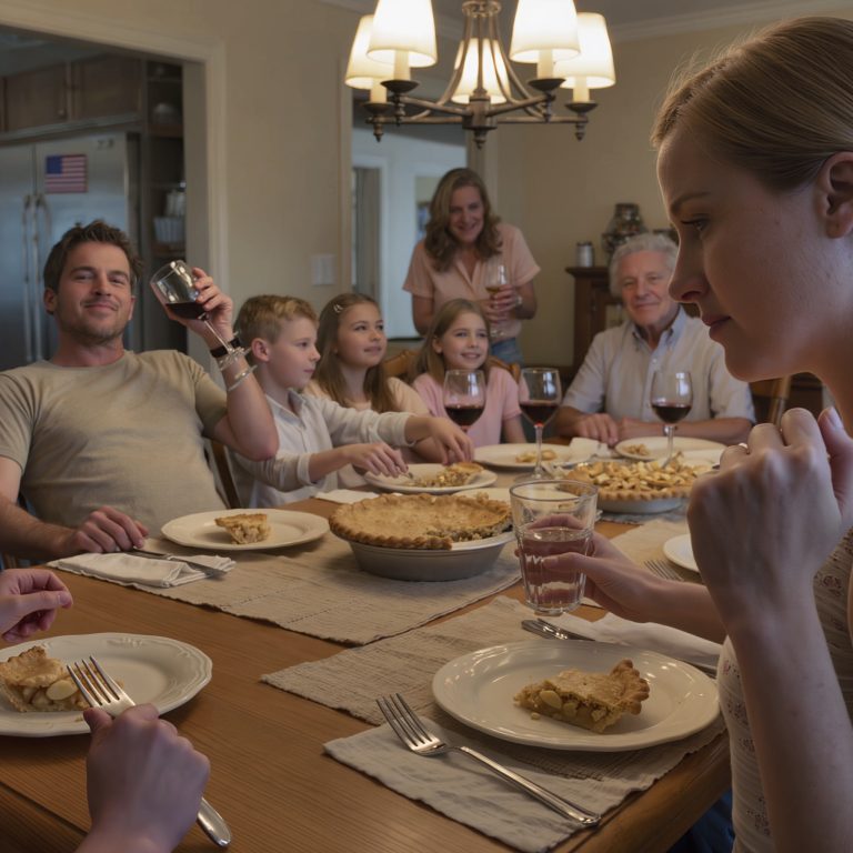 Mama właśnie postawiła szarlotkę na stole, mój brat odchylił się do tyłu i szyderczo powiedział: „Twój dzieciak nadaje się tylko do sprzątania”. — cała rodzina ryknęła, ręce mojego syna się trzęsły… Tata tylko mruknął: „Daj spokój”… a ja wstałem i zadałem JEDNO pytanie, które zamroziło cały pokój…