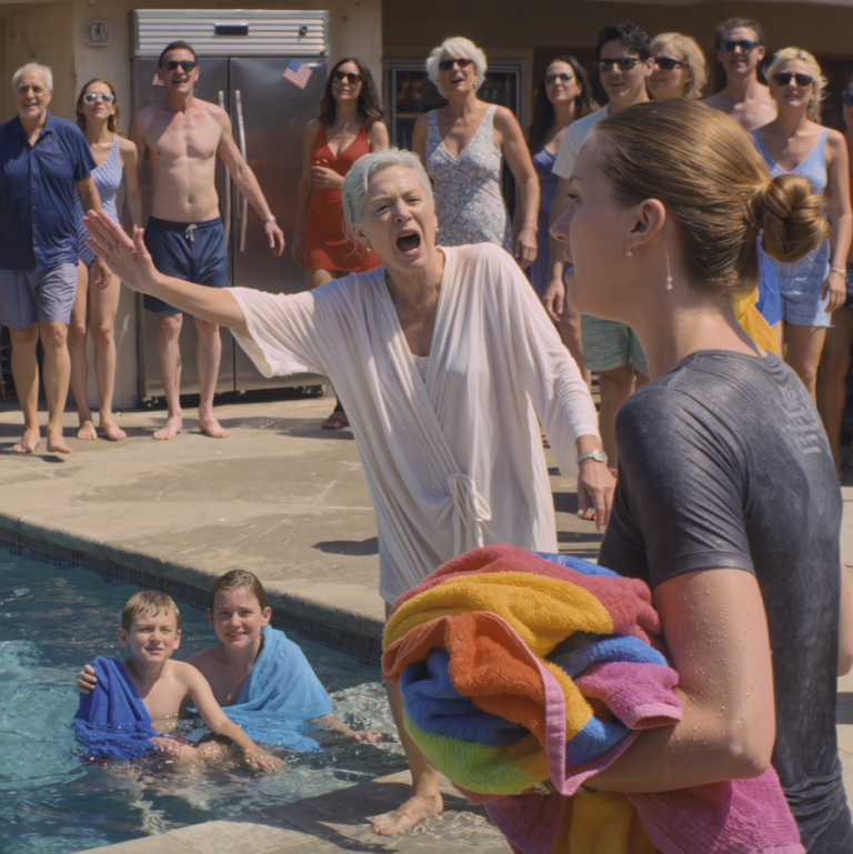 „Wynoście się z basenu!” – krzyknęła mama do moich dzieci. „To przyjęcie jest dla prawdziwych rodzin, a nie dla frajerów”. Pięćdziesięciu gości patrzyło, jak wychodzimy przemoczeni. Po cichu zebrałam ręczniki. Następnego ranka agent nieruchomości zadzwonił: „Proszę pani, dom na plaży rozwiązuje pani umowę najmu…”