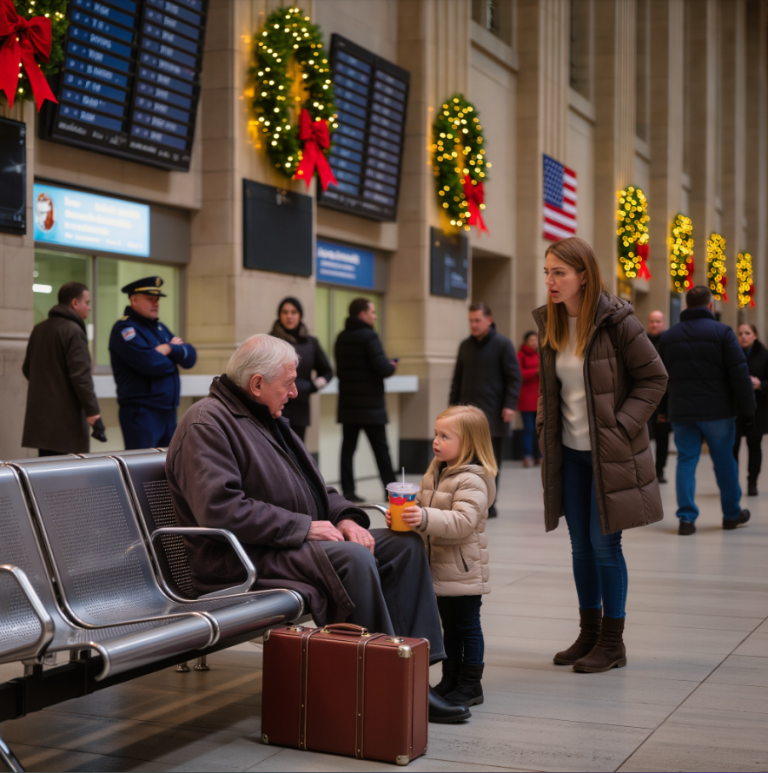 Śmiali się ze starszego mężczyzny siedzącego samotnie na dworcu autobusowym, wskazującego na jego zniszczoną walizkę i szepczącego coś za jego plecami — aż do momentu, gdy podeszło do niego małe dziecko i jednym zdaniem uciszyło całą stację.